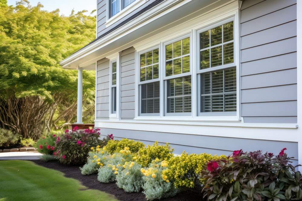 Double Hung Vinyl Window in a House With Grey Vinyl Siding, Exterior View